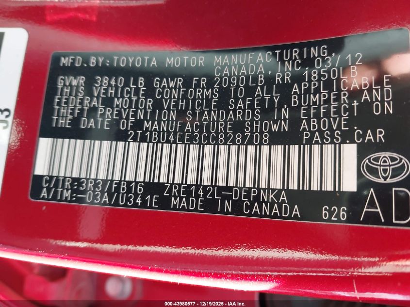 2012 Toyota Corolla Le VIN: 2T1BU4EE3CC828708 Lot: 43980577