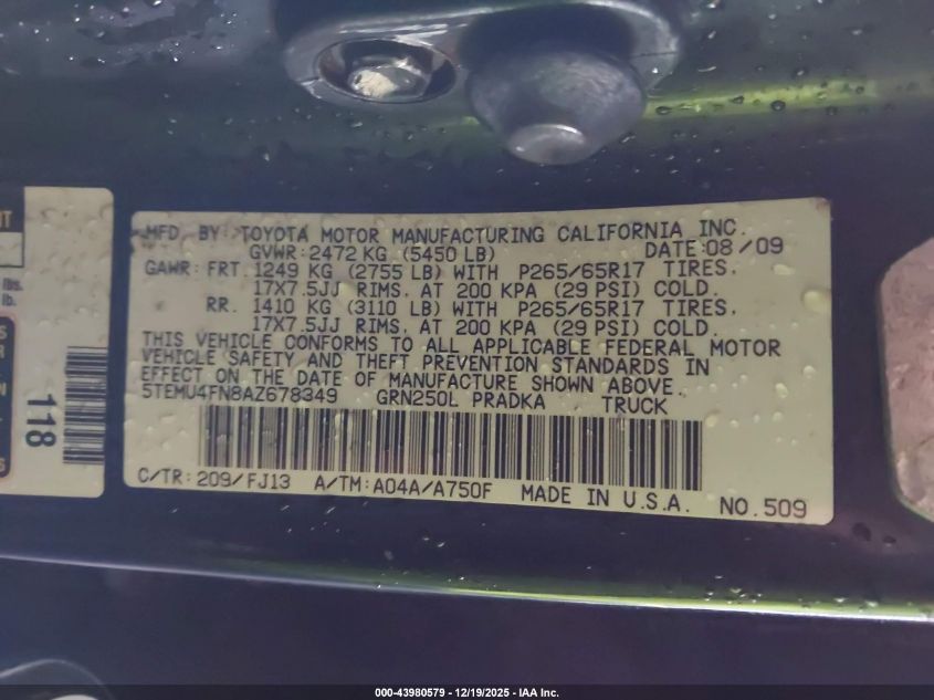 2010 Toyota Tacoma Base V6 VIN: 5TEMU4FN8AZ678349 Lot: 43980579
