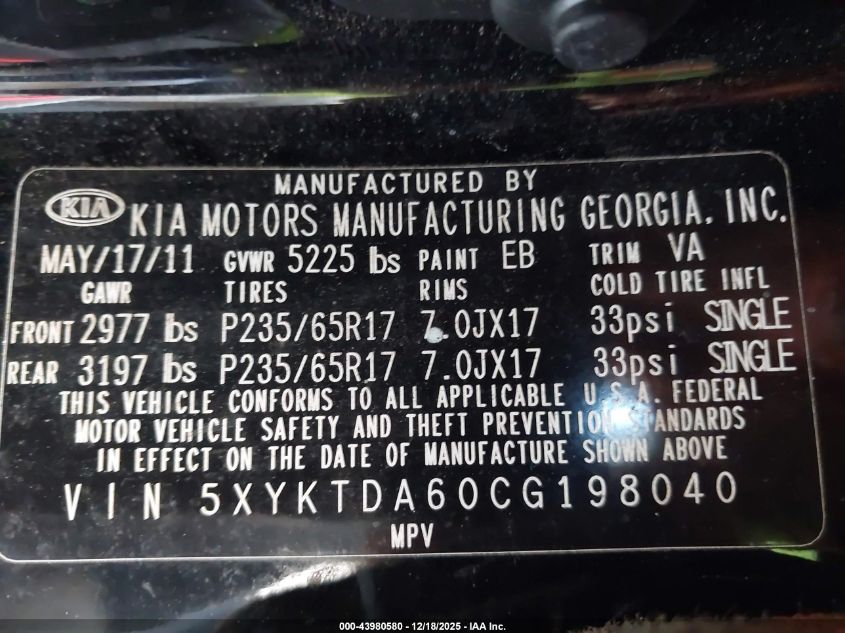 2012 Kia Sorento Lx VIN: 5XYKTDA60CG198040 Lot: 43980580