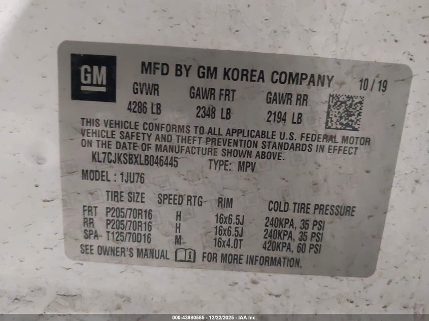 VIN KL7CJKSBXLB046445 2020 CHEVROLET TRAX FWD LS
