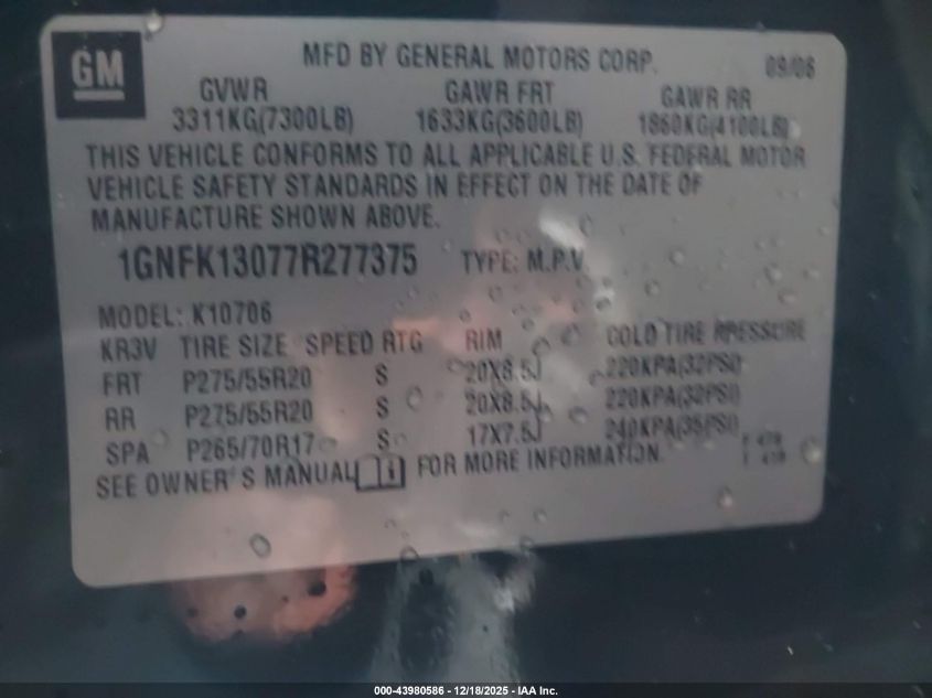 2007 Chevrolet Tahoe Ltz VIN: 1GNFK13077R277375 Lot: 43980586