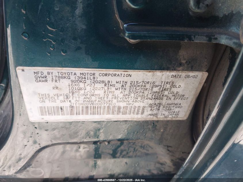 2002 Toyota Rav4 VIN: JTEGH20V620077310 Lot: 43980587