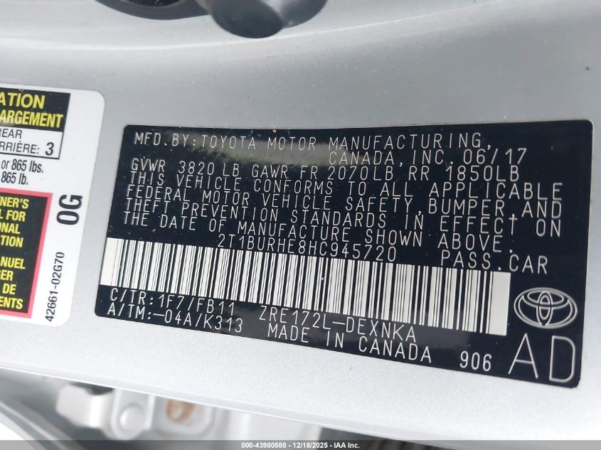 2017 Toyota Corolla Le VIN: 2T1BURHE8HC945720 Lot: 43980588