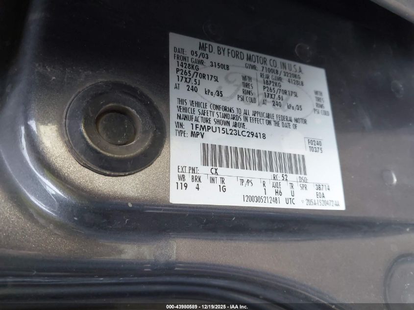 2003 Ford Expedition Xlt VIN: 1FMPU15L23LC29418 Lot: 43980589