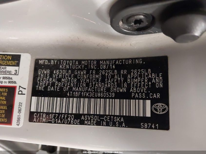 2014 Toyota Camry Se VIN: 4T1BF1FK3EU860539 Lot: 43980593