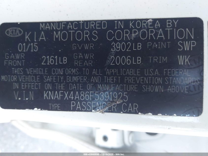 2015 Kia Forte Ex VIN: KNAFX4A86F5391925 Lot: 43980598
