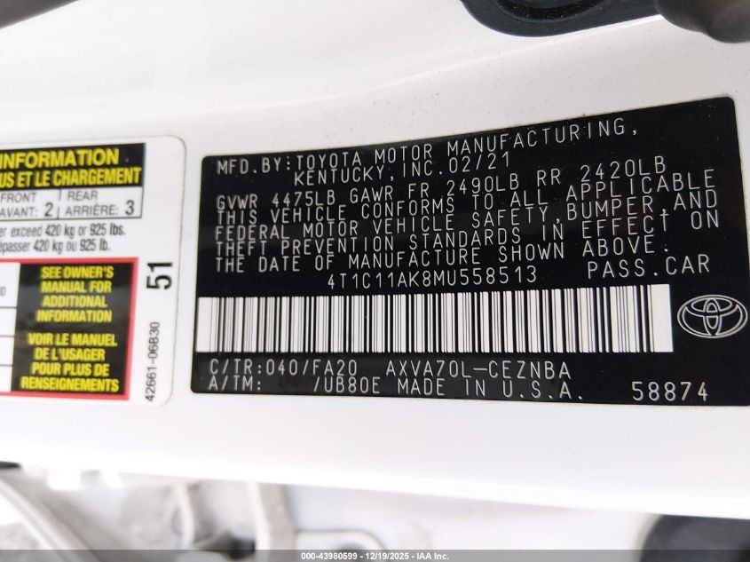 2021 Toyota Camry Le VIN: 4T1C11AK8MU558513 Lot: 43980599
