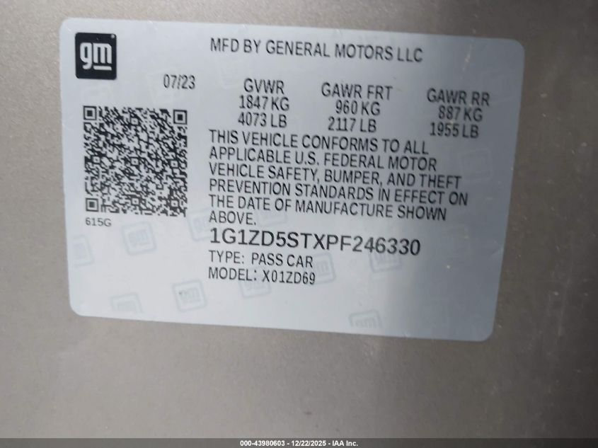 2023 Chevrolet Malibu Fwd 1Lt VIN: 1G1ZD5STXPF246330 Lot: 43980603