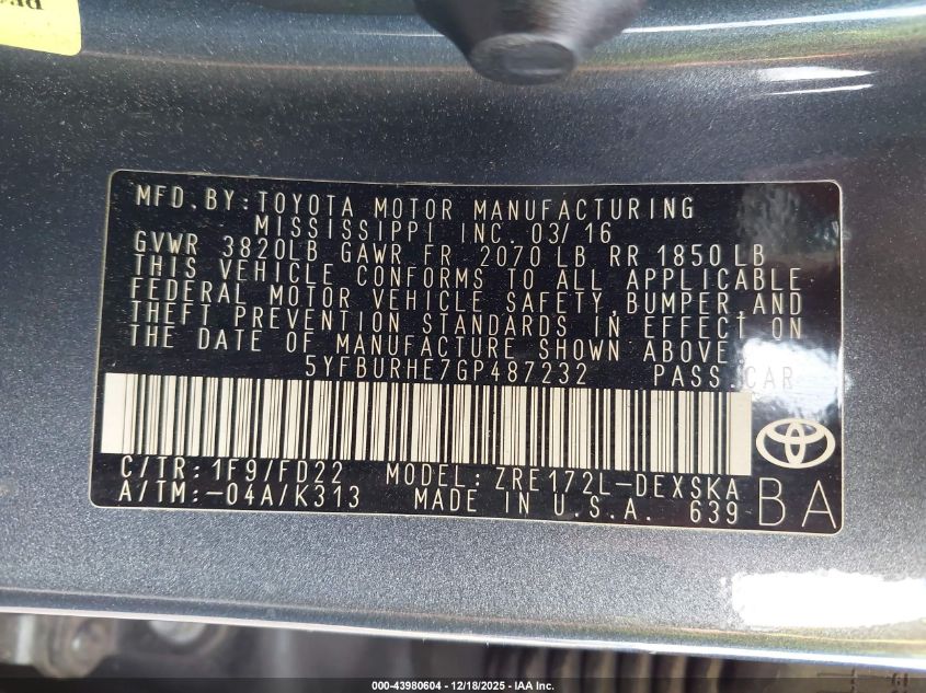 2016 Toyota Corolla S Plus VIN: 5YFBURHE7GP487232 Lot: 43980604