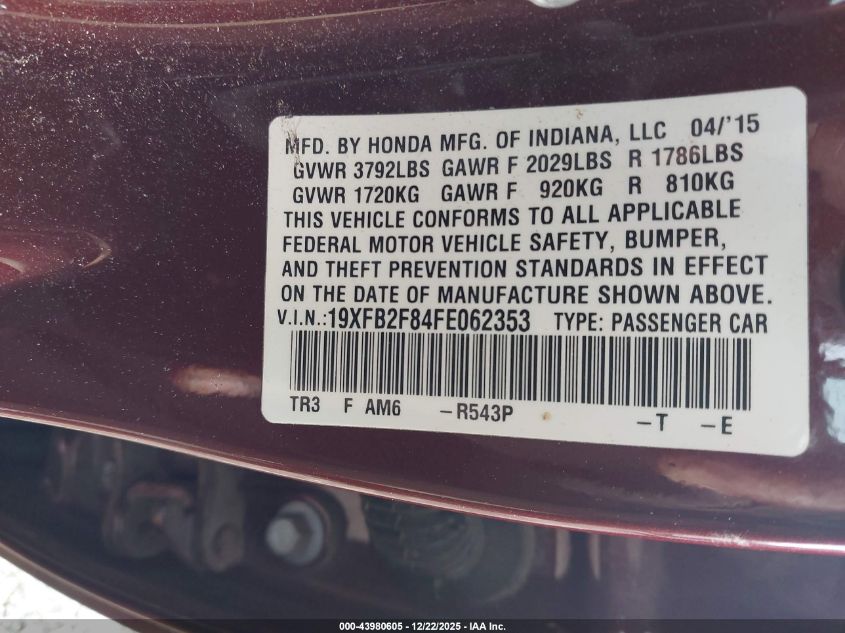 2015 Honda Civic Ex VIN: 19XFB2F84FE062353 Lot: 43980605