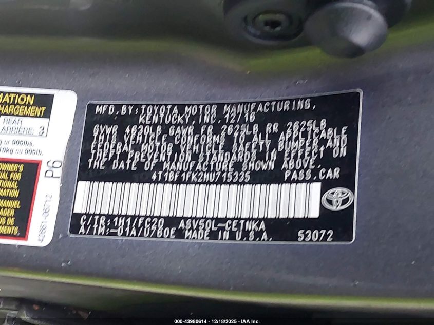 2017 Toyota Camry Le VIN: 4T1BF1FK2HU715335 Lot: 43980614