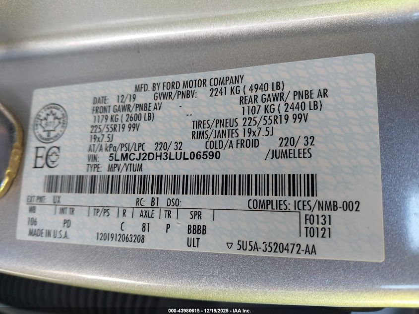 2020 Lincoln Corsair Reserve VIN: 5LMCJ2DH3LUL06590 Lot: 43980615