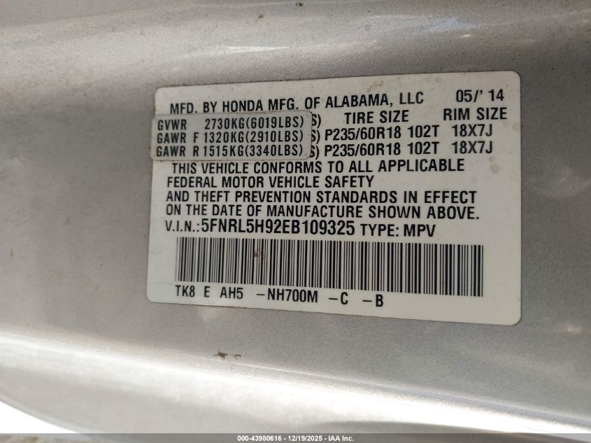 2014 Honda Odyssey Touring/Touring Elite VIN: 5FNRL5H92EB109325 Lot: 43980616