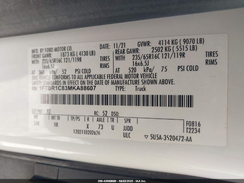 2021 Ford Transit-250 VIN: 1FTBR1C83MKA88607 Lot: 43980620