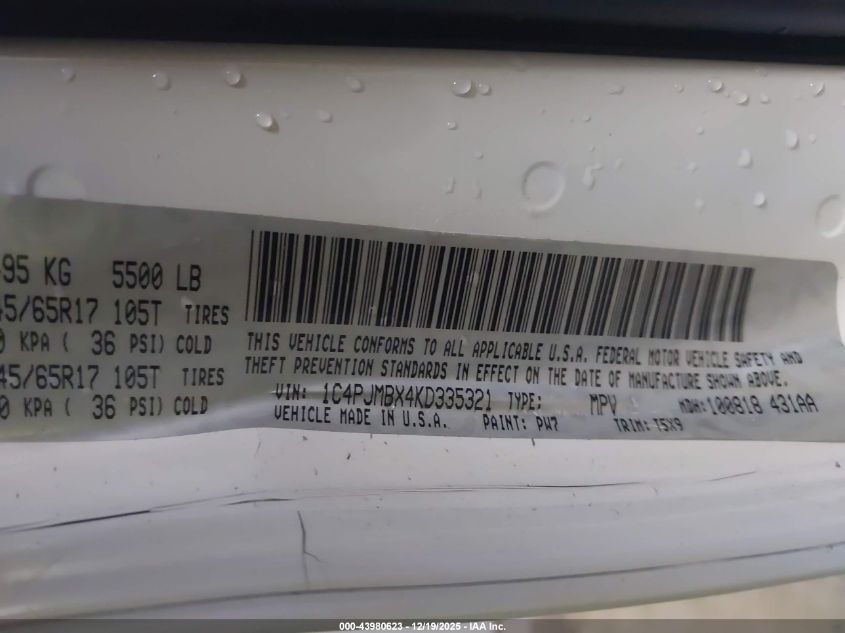 2019 Jeep Cherokee Trailhawk 4X4 VIN: 1C4PJMBX4KD335321 Lot: 43980623