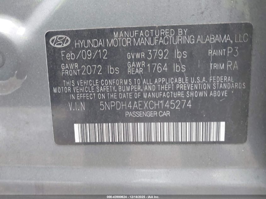 2012 Hyundai Elantra Gls VIN: 5NPDH4AEXCH145274 Lot: 43980624