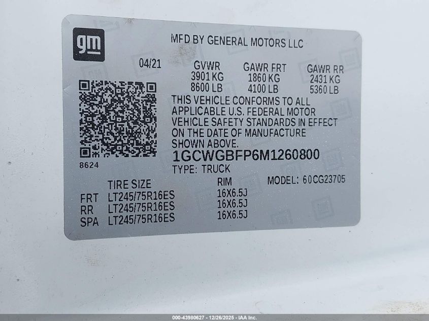 2021 Chevrolet Express Cargo Rwd 2500 Extended Wheelbase Wt VIN: 1GCWGBFP6M1260800 Lot: 43980627