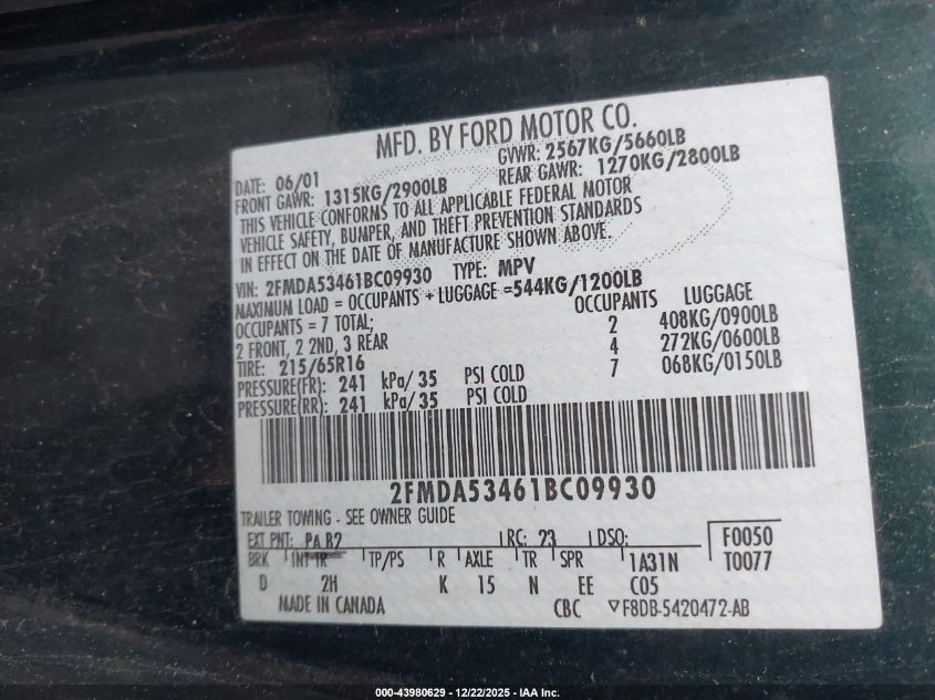 2001 Ford Windstar Sel VIN: 2FMDA53461BC09930 Lot: 43980629