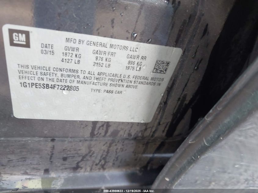 2015 Chevrolet Cruze 2Lt Auto VIN: 1G1PE5SB4F7222805 Lot: 43980633
