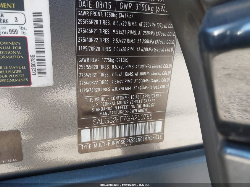 2016 Land Rover Range Rover 5.0L V8 Supercharged VIN: SALGS2EF7GA250785 Lot: 43980636