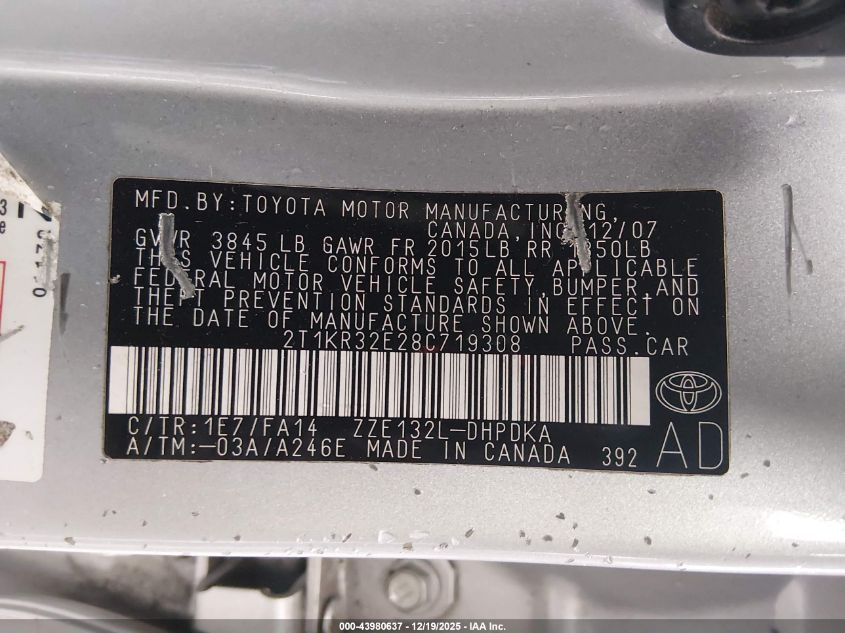 2008 Toyota Matrix VIN: 2T1KR32E28C719308 Lot: 43980637