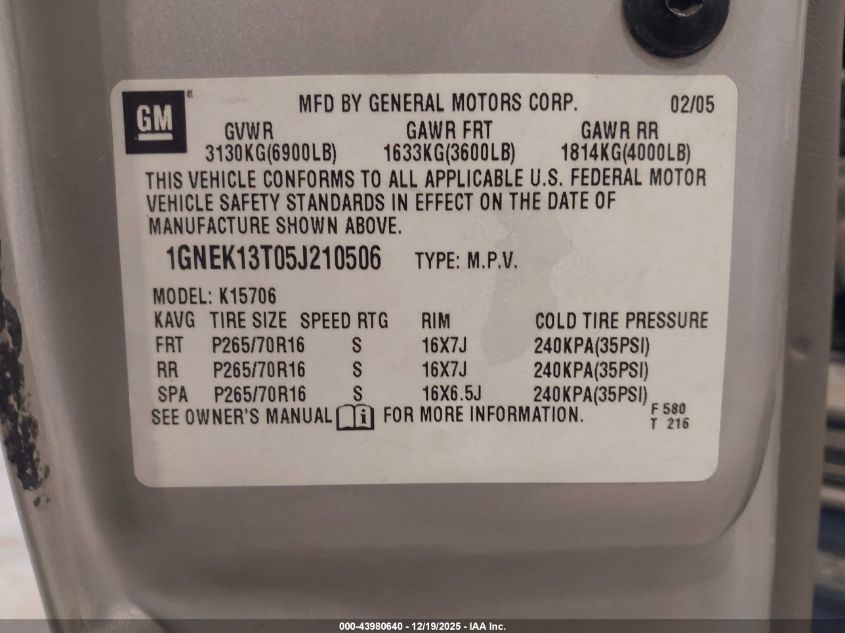 2005 Chevrolet Tahoe Ls VIN: 1GNEK13T05J210506 Lot: 43980640
