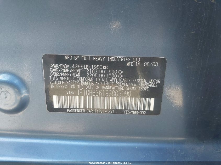 2009 Subaru Impreza Outback Sport VIN: JF1GH63619G805090 Lot: 43980643