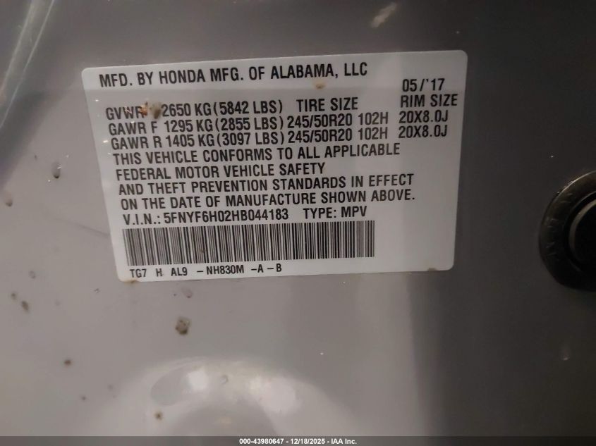 2017 Honda Pilot Elite VIN: 5FNYF6H02HB044183 Lot: 43980647