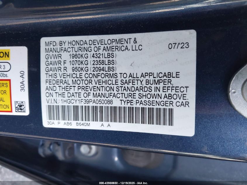 2023 Honda Accord Ex VIN: 1HGCY1F39PA050088 Lot: 43980650