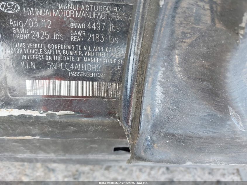 2013 Hyundai Sonata Limited 2.0T VIN: 5NPEC4AB1DH576645 Lot: 43980655