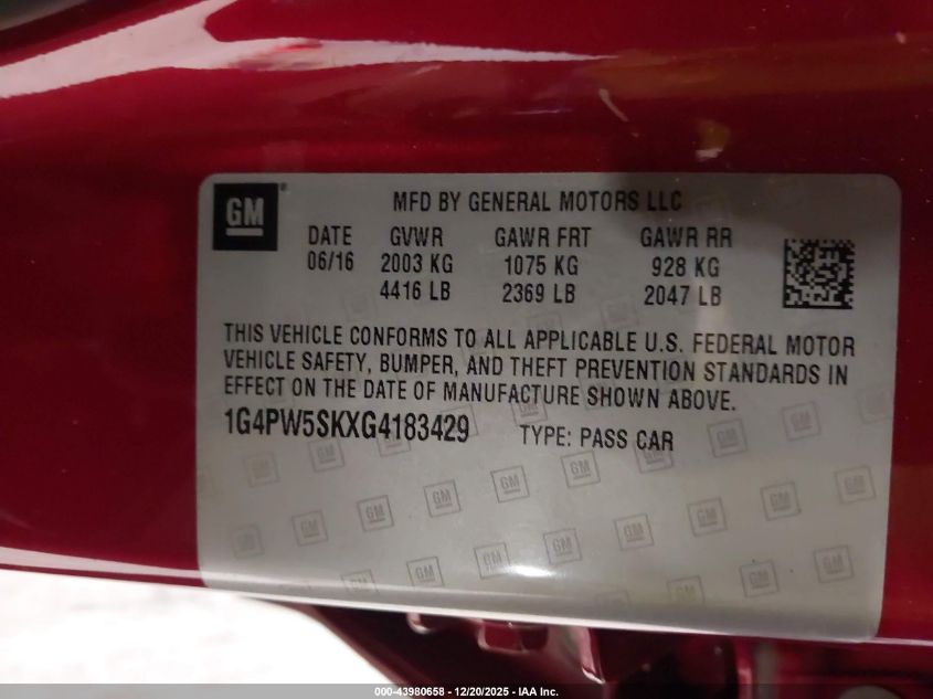 2016 Buick Verano Sport Touring Group VIN: 1G4PW5SKXG4183429 Lot: 43980658