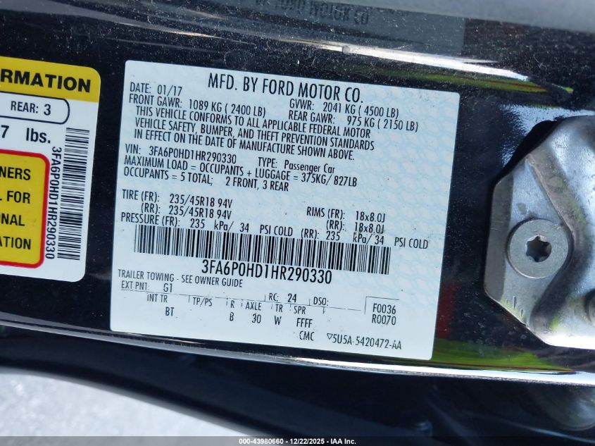 2017 Ford Fusion Se VIN: 3FA6P0HD1HR290330 Lot: 43980660