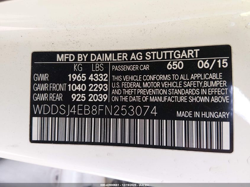 2015 Mercedes-Benz Cla 250 VIN: WDDSJ4EB8FN253074 Lot: 43980661