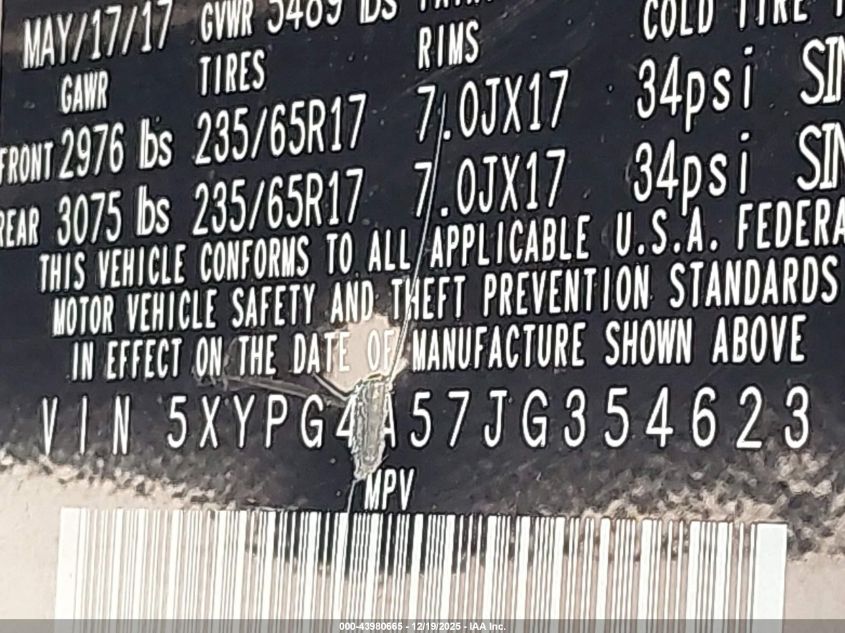 2018 Kia Sorento 3.3L Lx VIN: 5XYPG4A57JG354623 Lot: 43980665