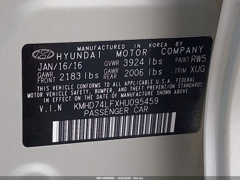 2017 Hyundai Elantra Se VIN: KMHD74LFXHU095459 Lot: 43980668