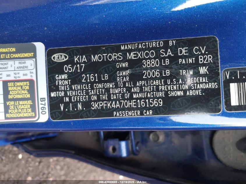 2017 Kia Forte Lx VIN: 3KPFK4A70HE161569 Lot: 43980669