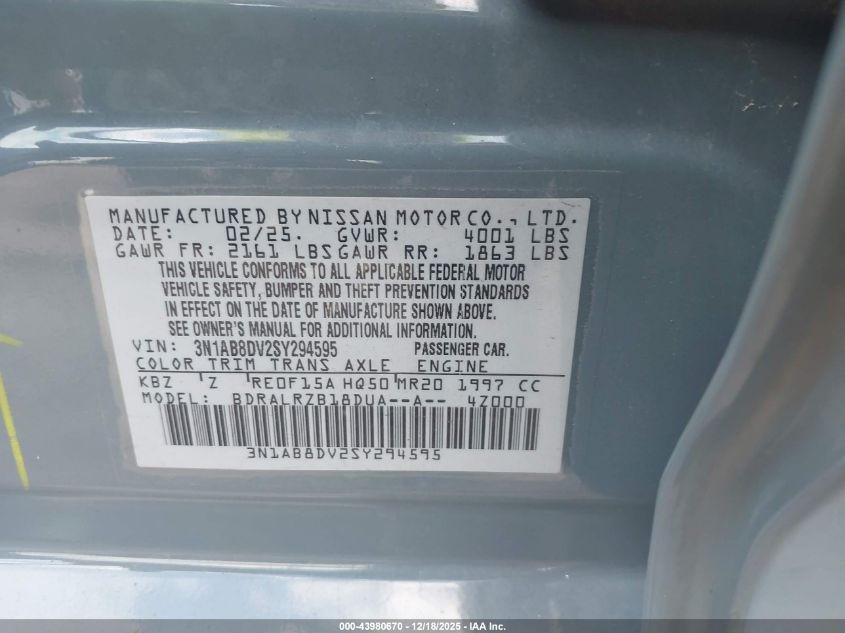 2025 Nissan Sentra Sr VIN: 3N1AB8DV2SY294595 Lot: 43980670