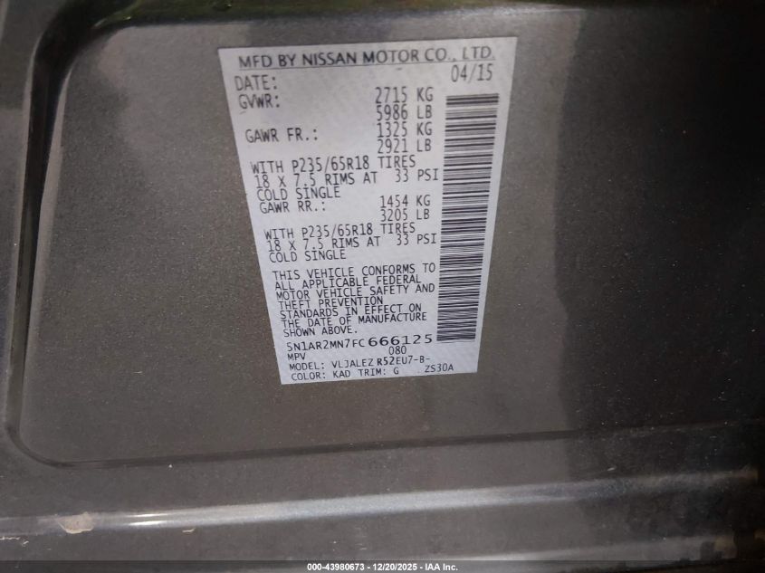 2015 Nissan Pathfinder Platinum/S/Sl/Sv VIN: 5N1AR2MN7FC666125 Lot: 43980673