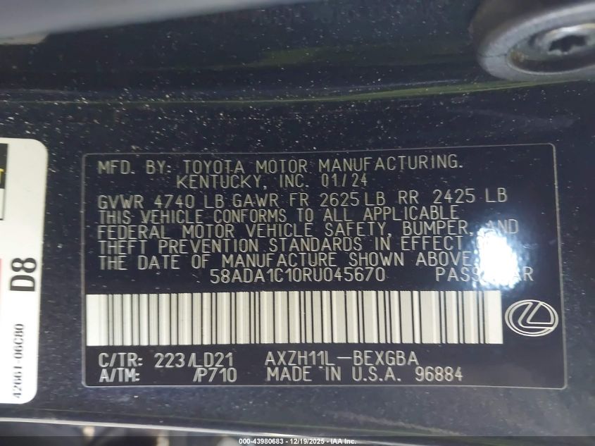 2024 Lexus Es 300H VIN: 58ADA1C10RU045670 Lot: 43980683