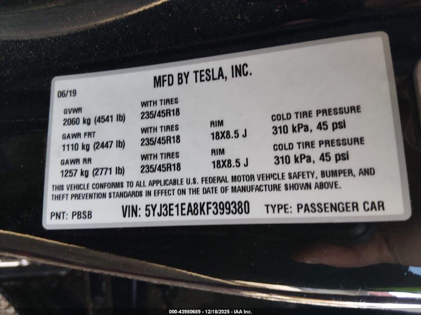 2019 Tesla Model 3 VIN: 5YJ3E1EA8KF399380 Lot: 43980689