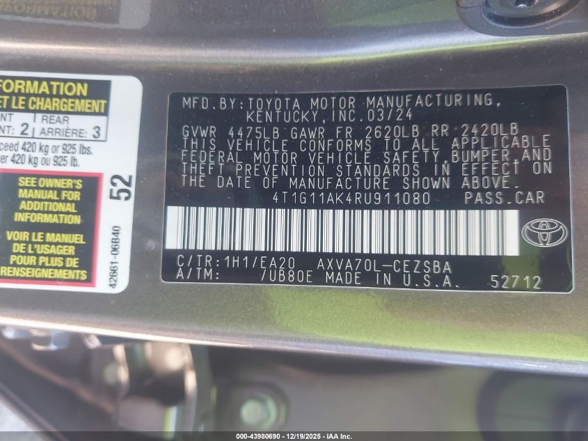 2024 Toyota Camry Se VIN: 4T1G11AK4RU911080 Lot: 43980690