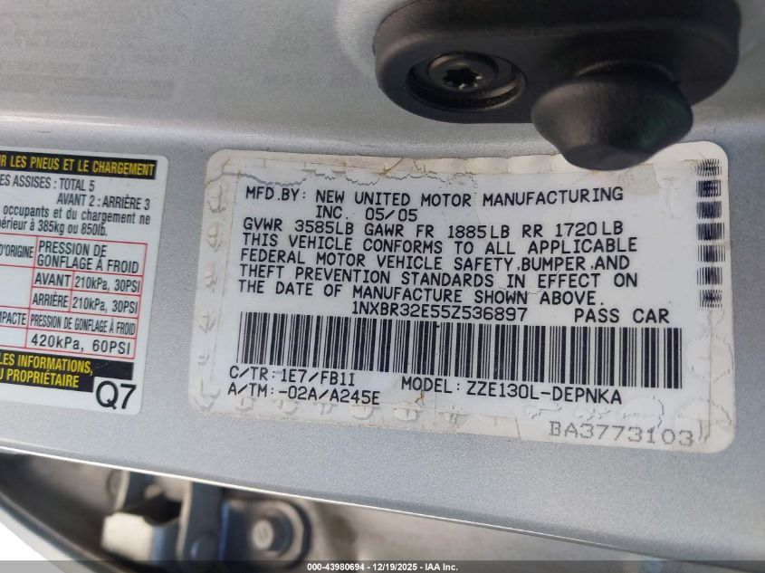 2005 Toyota Corolla Le VIN: 1NXBR32E55Z536897 Lot: 43980694