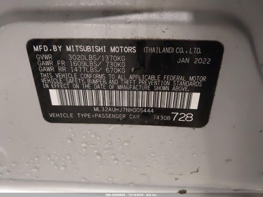 2022 Mitsubishi Mirage Es/Le VIN: ML32AUHJ7NH005444 Lot: 43980695