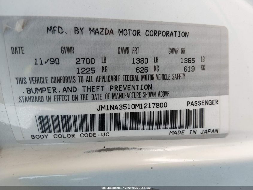 1991 Mazda Mx-5 Miata VIN: JM1NA3510M1217800 Lot: 43980696