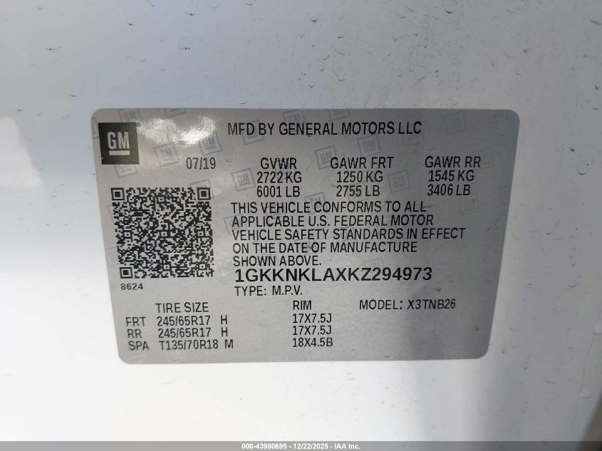 2019 GMC Acadia Sle-1 VIN: 1GKKNKLAXKZ294973 Lot: 43980699