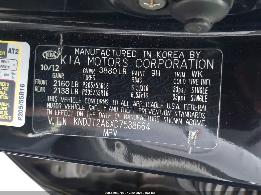 2013 Kia Soul + VIN: KNDJT2A6XD7538664 Lot: 43980703