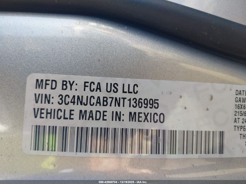 2022 Jeep Compass Sport Fwd VIN: 3C4NJCAB7NT136995 Lot: 43980704