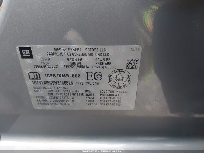 2017 GMC Sierra 1500 Sle VIN: 1GTV2MEC9HZ136628 Lot: 43980705