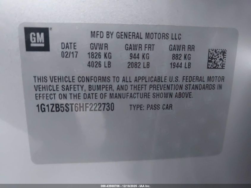 2017 Chevrolet Malibu Ls VIN: 1G1ZB5ST6HF222730 Lot: 43980706