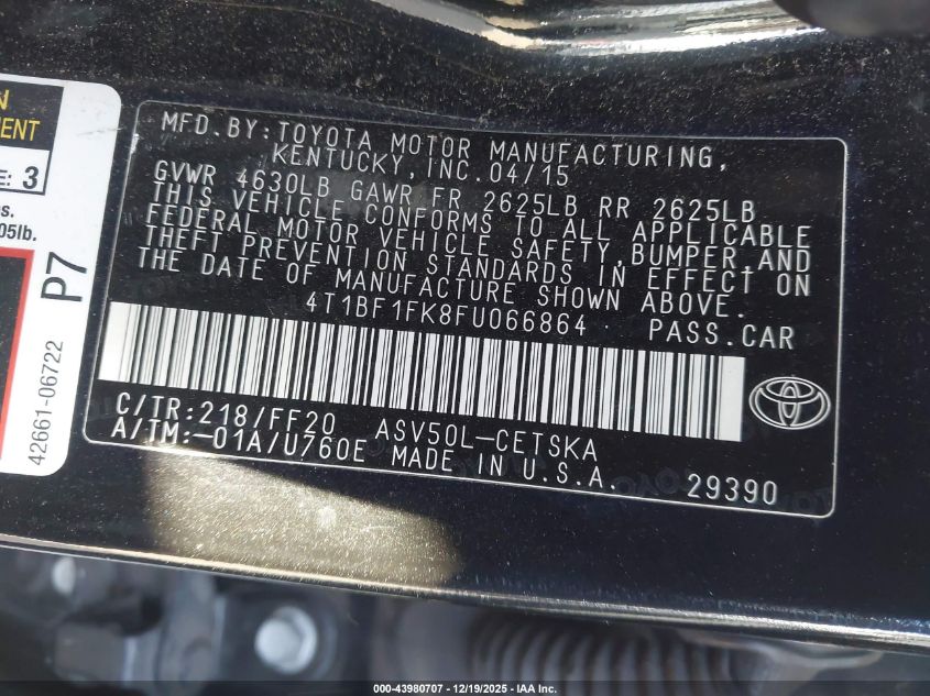 2015 Toyota Camry Se VIN: 4T1BF1FK8FU066864 Lot: 43980707